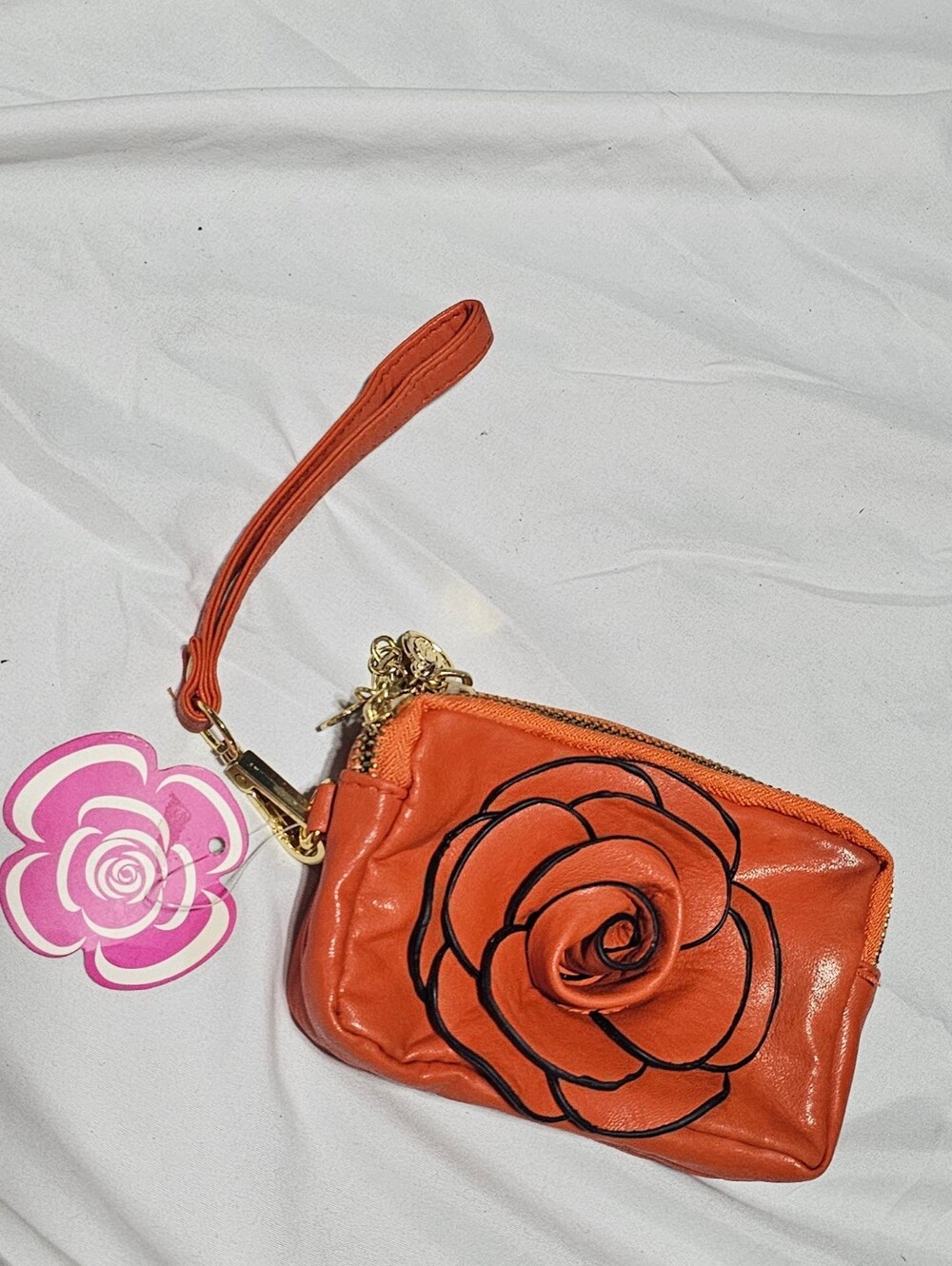 NWT orange faux leather wristlet 3D rose 5.5X4X1.5